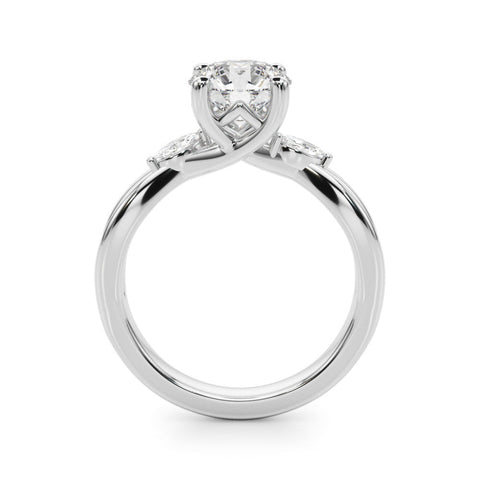 White gold Round Brilliant Diamond Solitaire with Marquise Side Stones on a Twisted Band and Four-Prong Setting