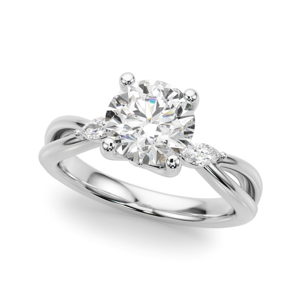 White gold Round Brilliant Diamond Solitaire with Marquise Side Stones on a Twisted Band and Four-Prong Setting
