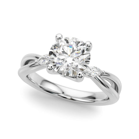 Platinum Round Brilliant Diamond Solitaire with Marquise Side Stones on a Twisted Band and Four-Prong Setting