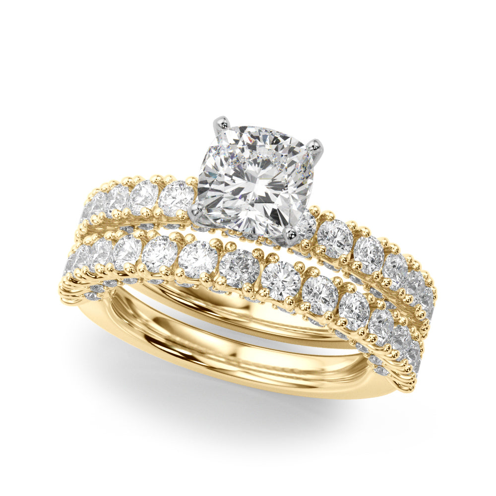 Yellow gold Cushion Diamond Pavé Band Solitaire Ring with Four-Prong Setting