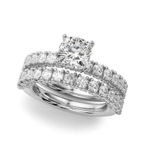 White gold Cushion Diamond Pavé Band Solitaire Ring with Four-Prong Setting
