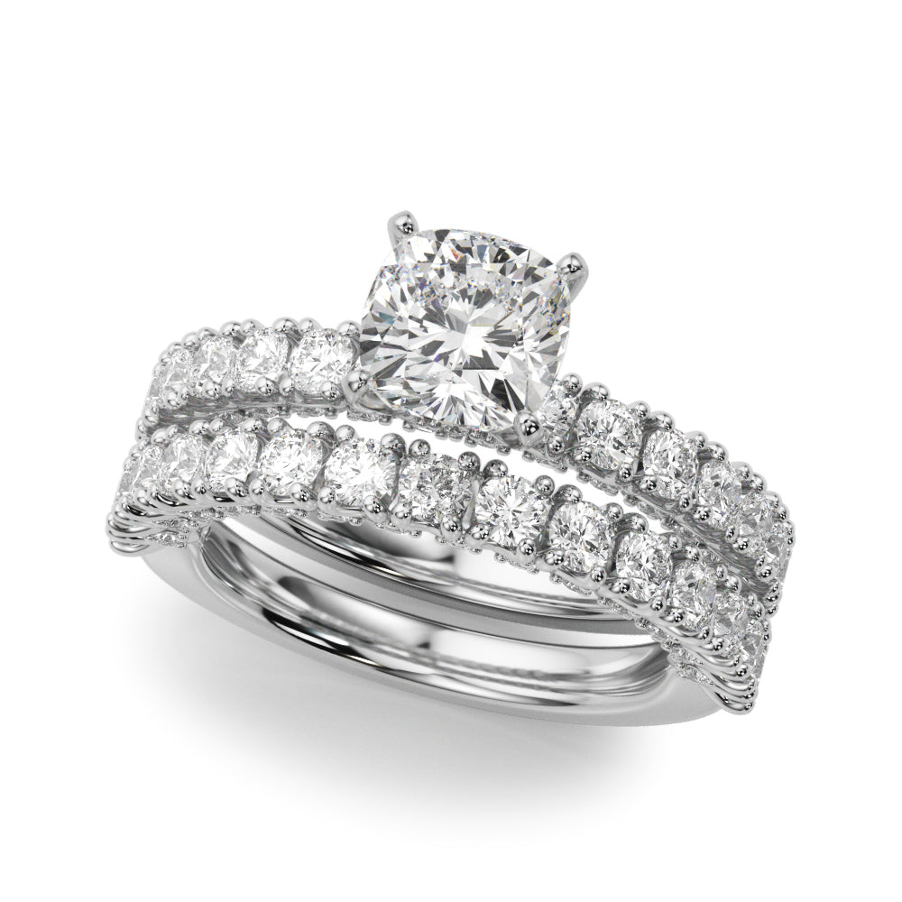Platinum Cushion Diamond Pavé Band Solitaire Ring with Four-Prong Setting
