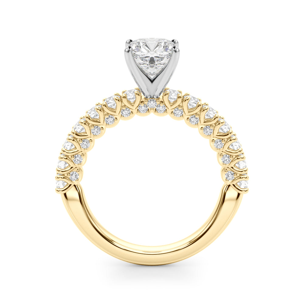 Yellow gold Cushion Diamond Pavé Band Solitaire Ring with Four-Prong Setting