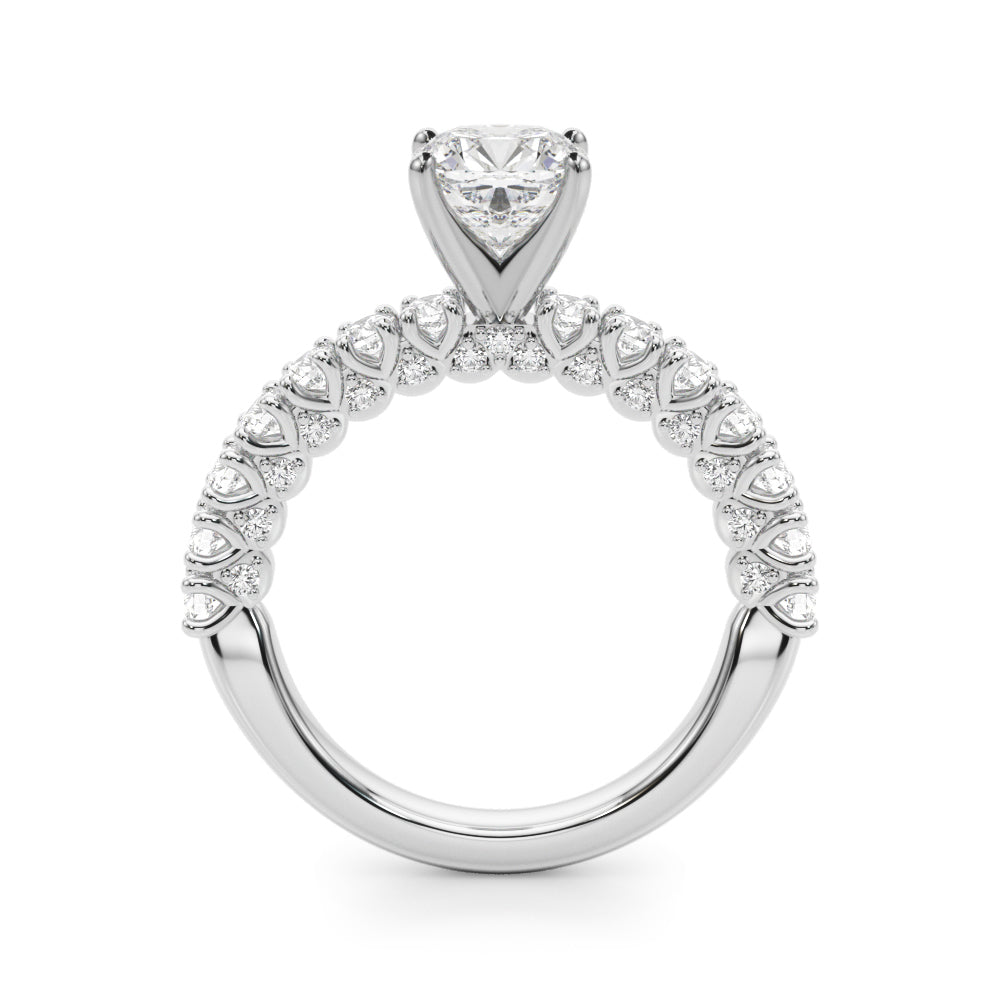 White gold Cushion Diamond Pavé Band Solitaire Ring with Four-Prong Setting