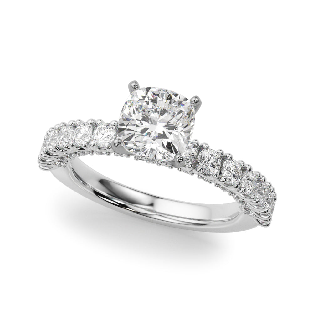 Platinum Cushion Diamond Pavé Band Solitaire Ring with Four-Prong Setting