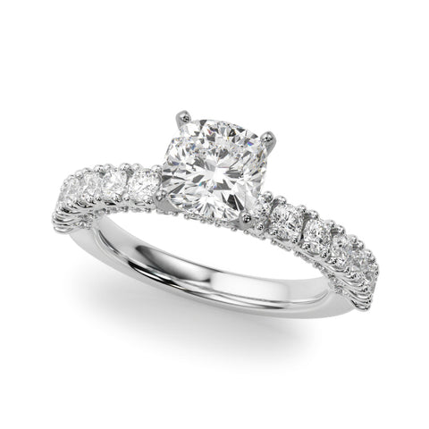 White gold Cushion Diamond Pavé Band Solitaire Ring with Four-Prong Setting