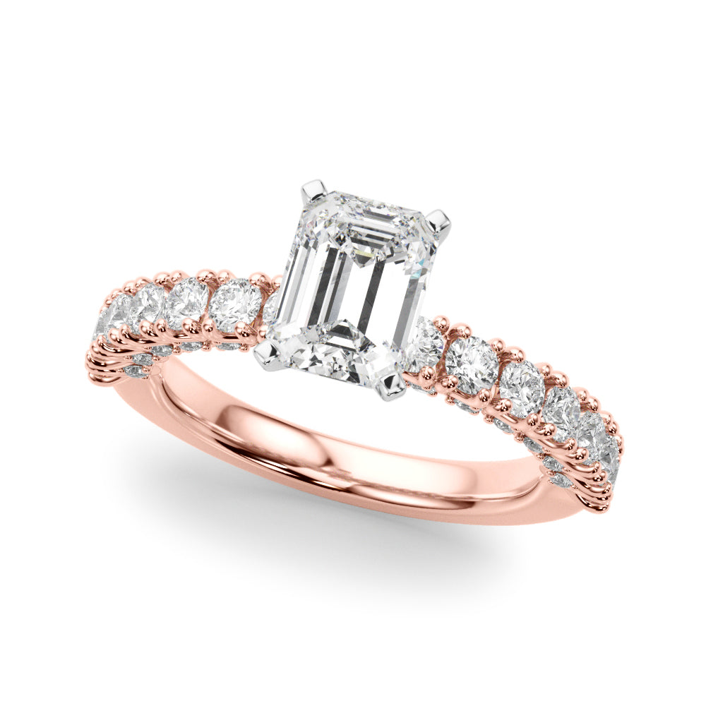 Rose gold Emerald Diamond Pavé Band Solitaire Ring with Four-Prong Setting