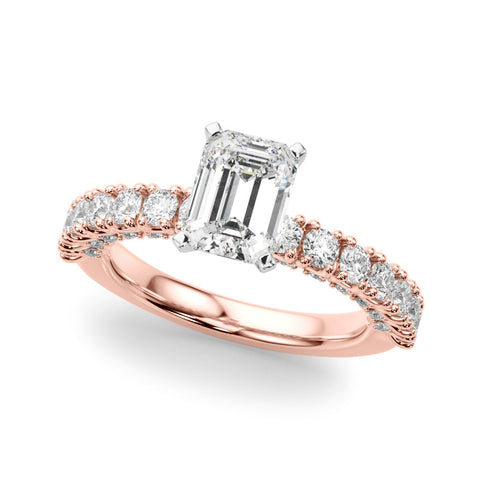 Rose gold Emerald Diamond Pavé Band Solitaire Ring with Four-Prong Setting