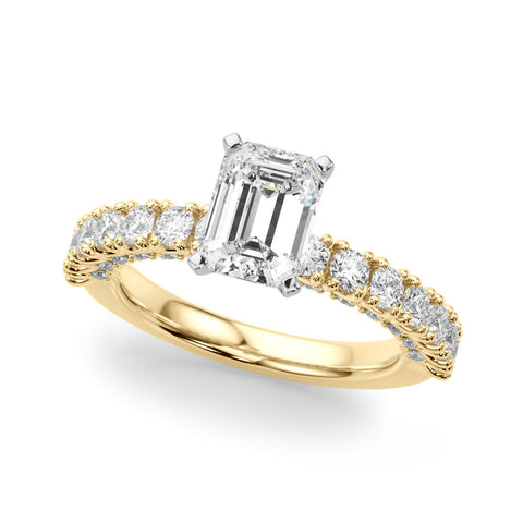 Yellow gold Emerald Diamond Pavé Band Solitaire Ring with Four-Prong Setting