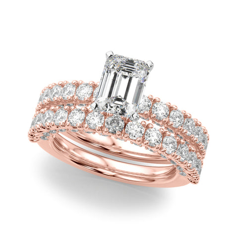 Rose gold Emerald Diamond Pavé Band Solitaire Ring with Four-Prong Setting