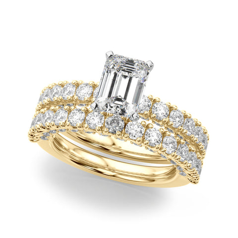 Yellow gold Emerald Diamond Pavé Band Solitaire Ring with Four-Prong Setting