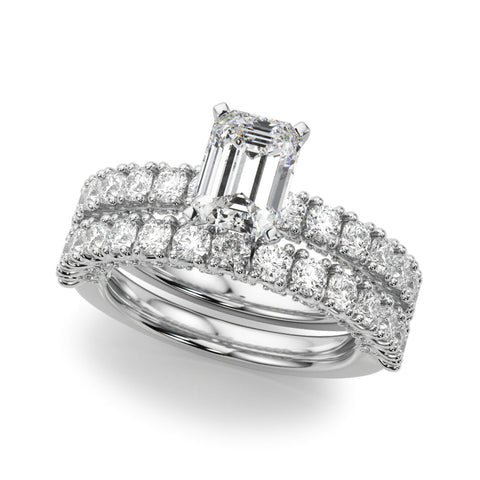 Platinum Emerald Diamond Pavé Band Solitaire Ring with Four-Prong Setting