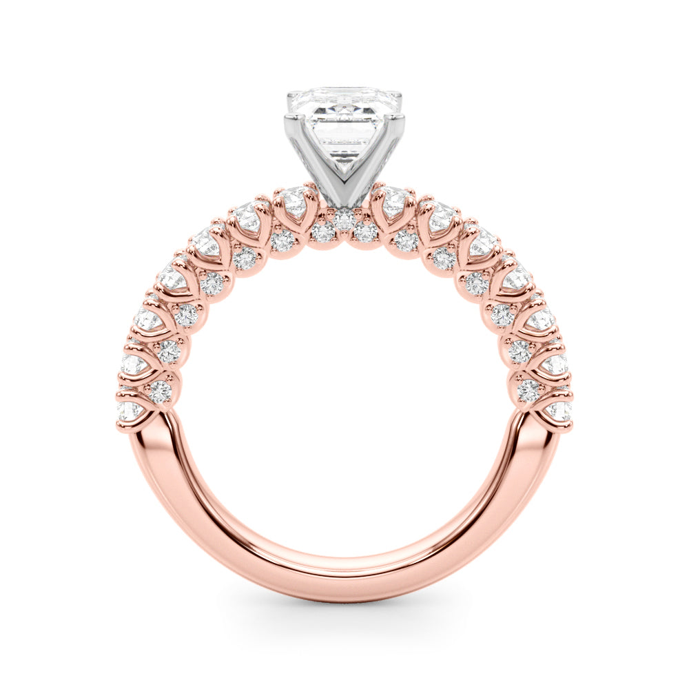 Rose gold Emerald Diamond Pavé Band Solitaire Ring with Four-Prong Setting