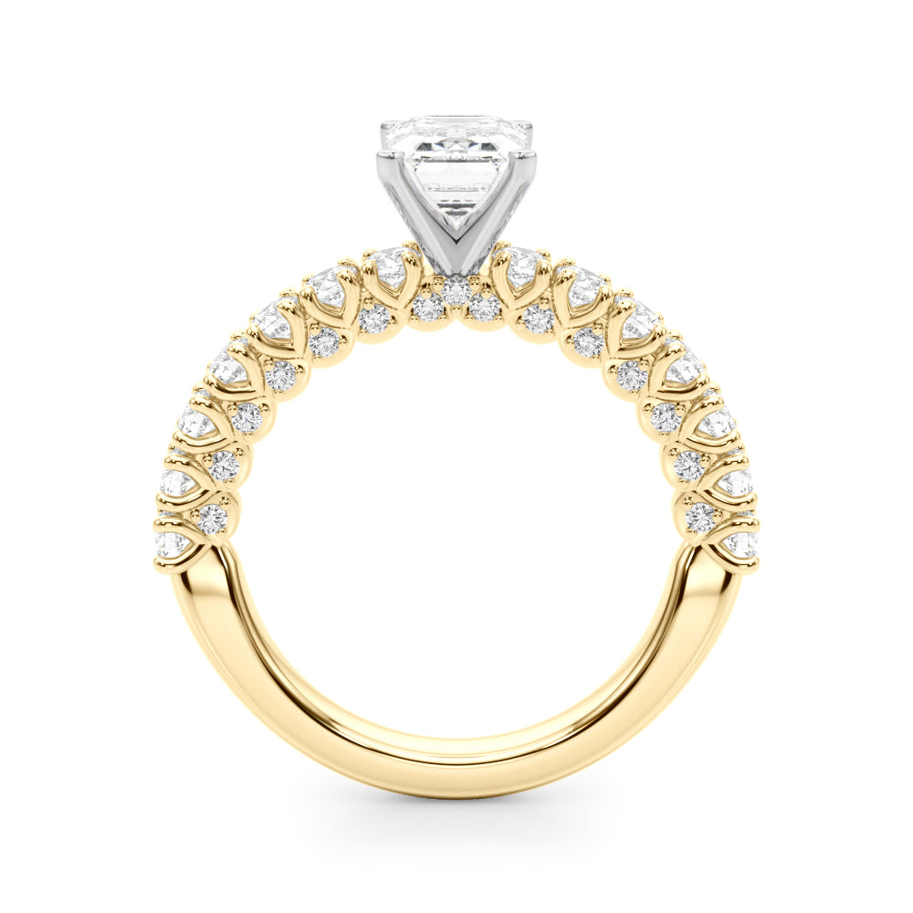 Yellow gold Emerald Diamond Pavé Band Solitaire Ring with Four-Prong Setting