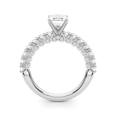 Platinum Emerald Diamond Pavé Band Solitaire Ring with Four-Prong Setting