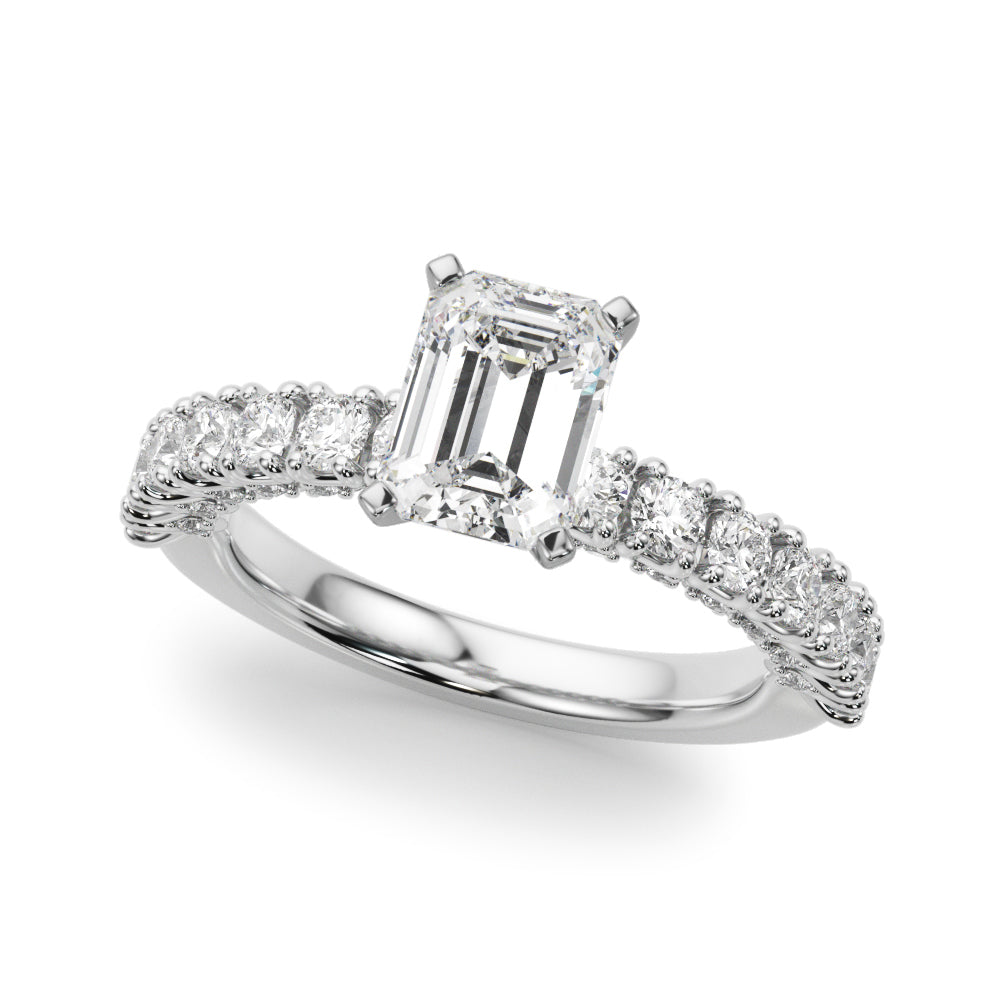 Silver Emerald Diamond Pavé Band Solitaire Ring with Four-Prong Setting