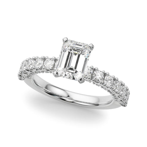 Platinum Radiant Diamond Pavé Band Solitaire Ring with Four-Prong Setting