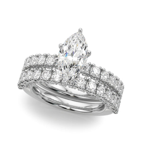 White gold Marquise Diamond Pavé Band Solitaire Ring with Four-Prong Setting