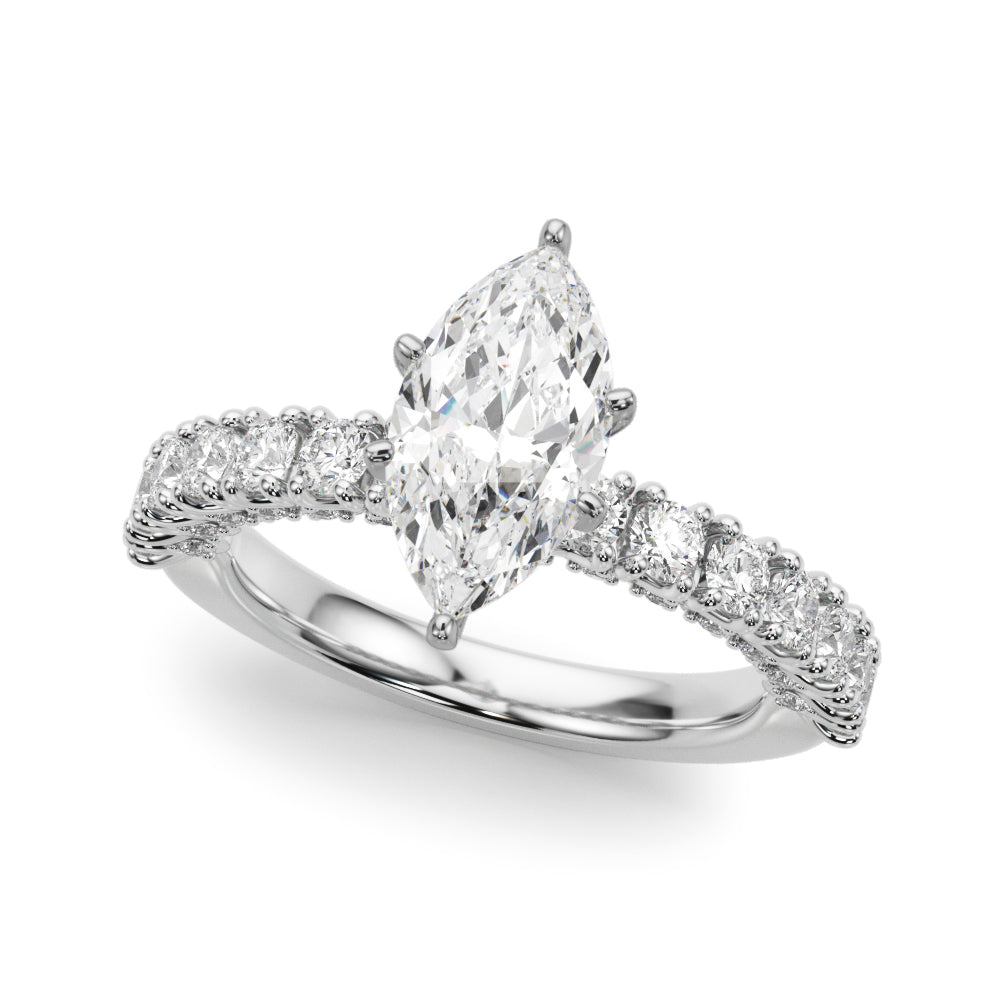 Silver Marquise Diamond Pavé Band Solitaire Ring with Four-Prong Setting