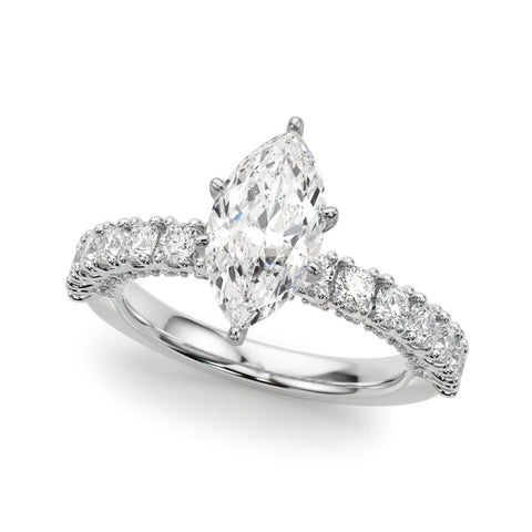 White gold Marquise Diamond Pavé Band Solitaire Ring with Four-Prong Setting