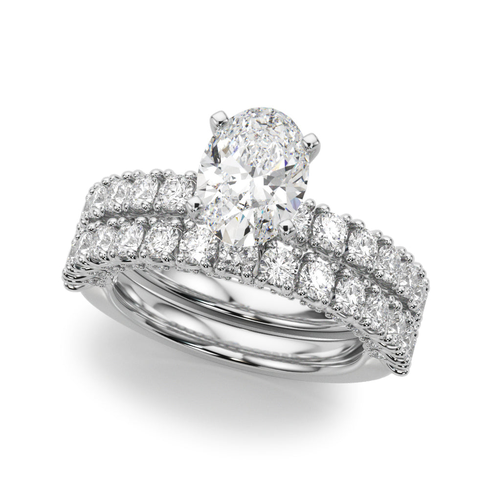 Platinum Oval Diamond Pavé Band Solitaire Ring with Four-Prong Setting