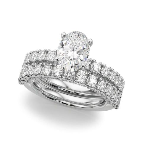 Platinum Oval Diamond Pavé Band Solitaire Ring with Four-Prong Setting