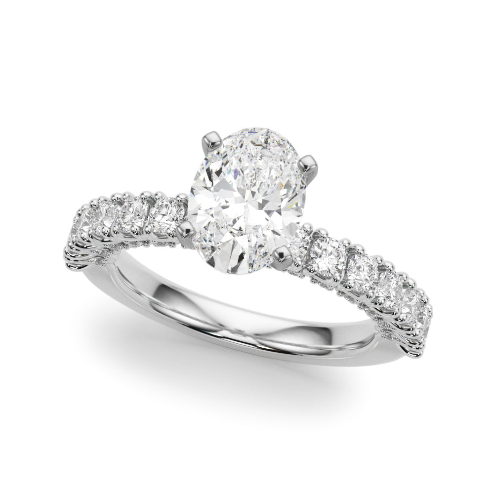 Platinum Oval Diamond Pavé Band Solitaire Ring with Four-Prong Setting
