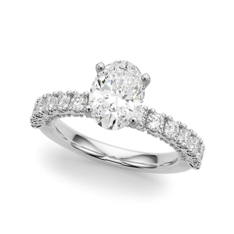 Platinum Oval Diamond Pavé Band Solitaire Ring with Four-Prong Setting