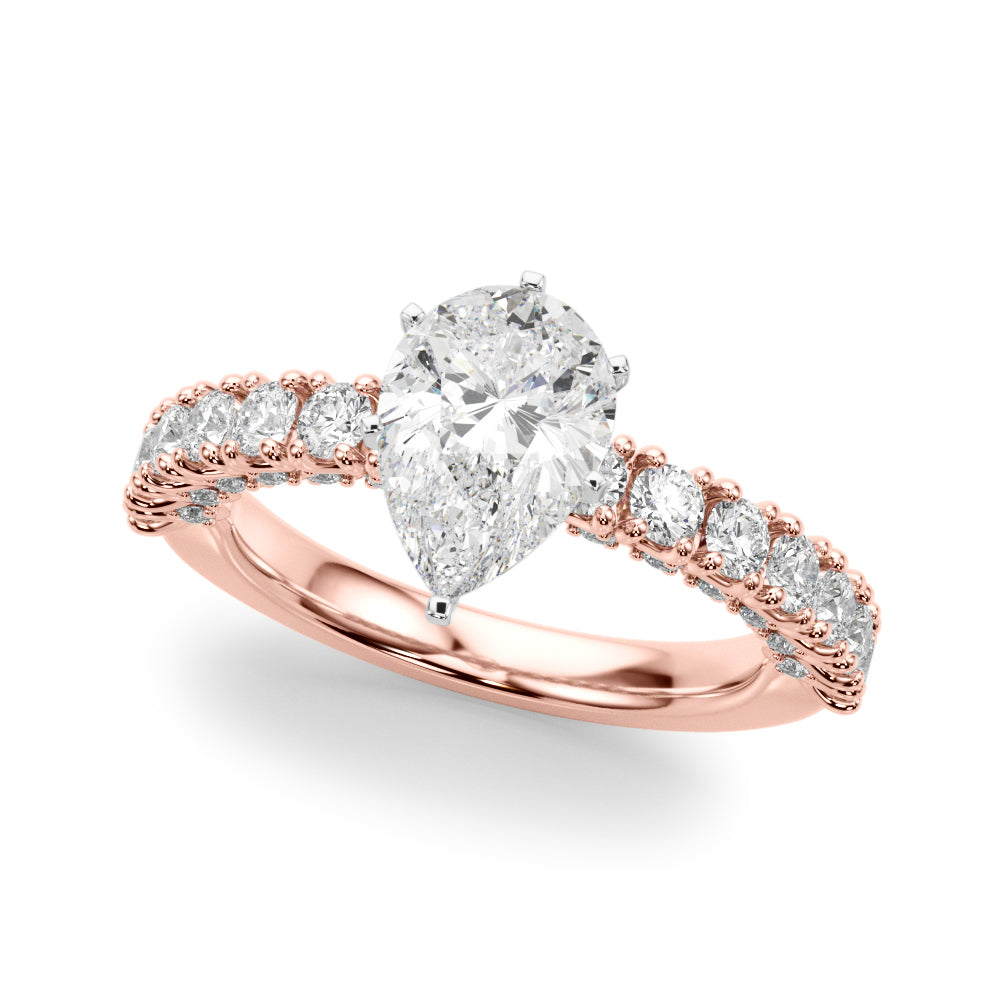 Rose gold Pear Diamond Pavé Band Solitaire Ring with Four-Prong Setting