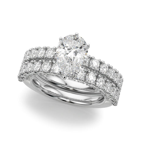 Platinum Pear Diamond Pavé Band Solitaire Ring with Four-Prong Setting
