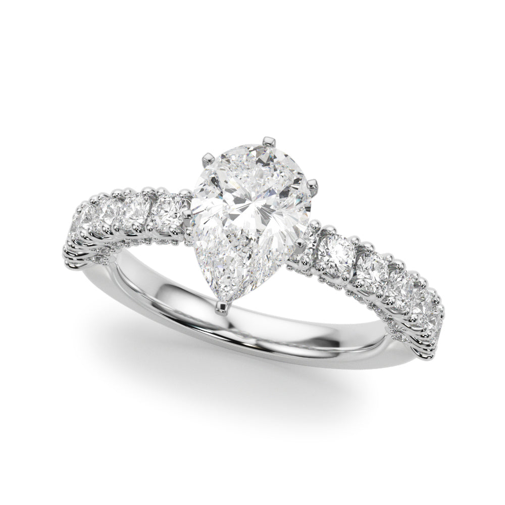Platinum Pear Diamond Pavé Band Solitaire Ring with Four-Prong Setting