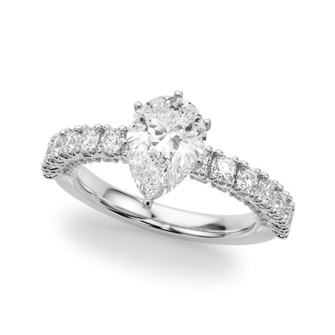 Platinum Pear Diamond Pavé Band Solitaire Ring with Four-Prong Setting