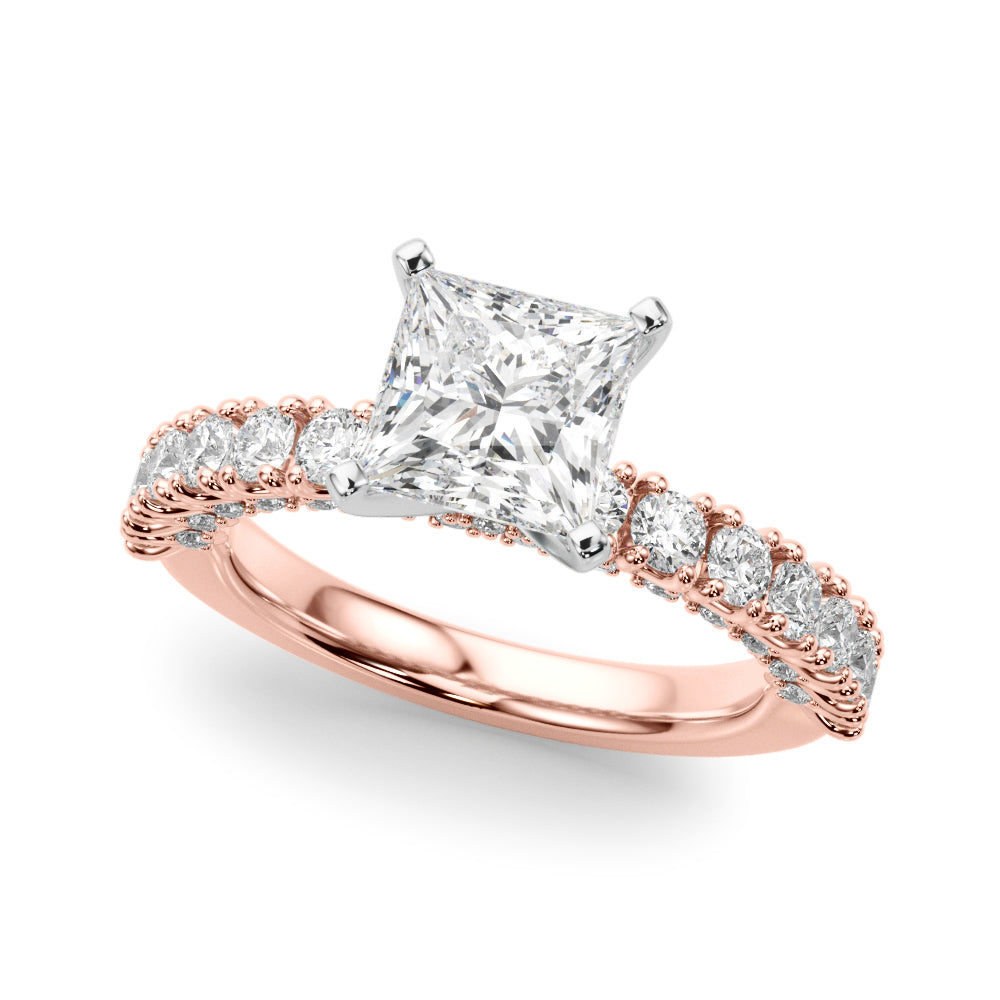 Rose gold Heart Diamond Pavé Band Solitaire Ring with Four-Prong Setting