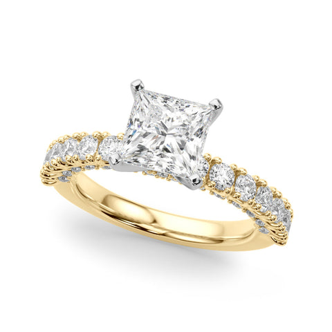 Yellow gold Heart Diamond Pavé Band Solitaire Ring with Four-Prong Setting