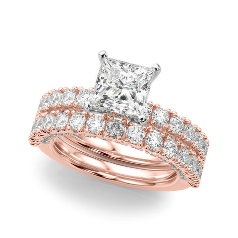 Rose gold Princess Diamond Pavé Band Solitaire Ring with Four-Prong Setting