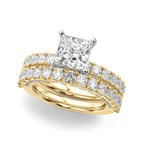 Yellow gold Princess Diamond Pavé Band Solitaire Ring with Four-Prong Setting