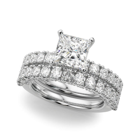 White gold Princess Diamond Pavé Band Solitaire Ring with Four-Prong Setting
