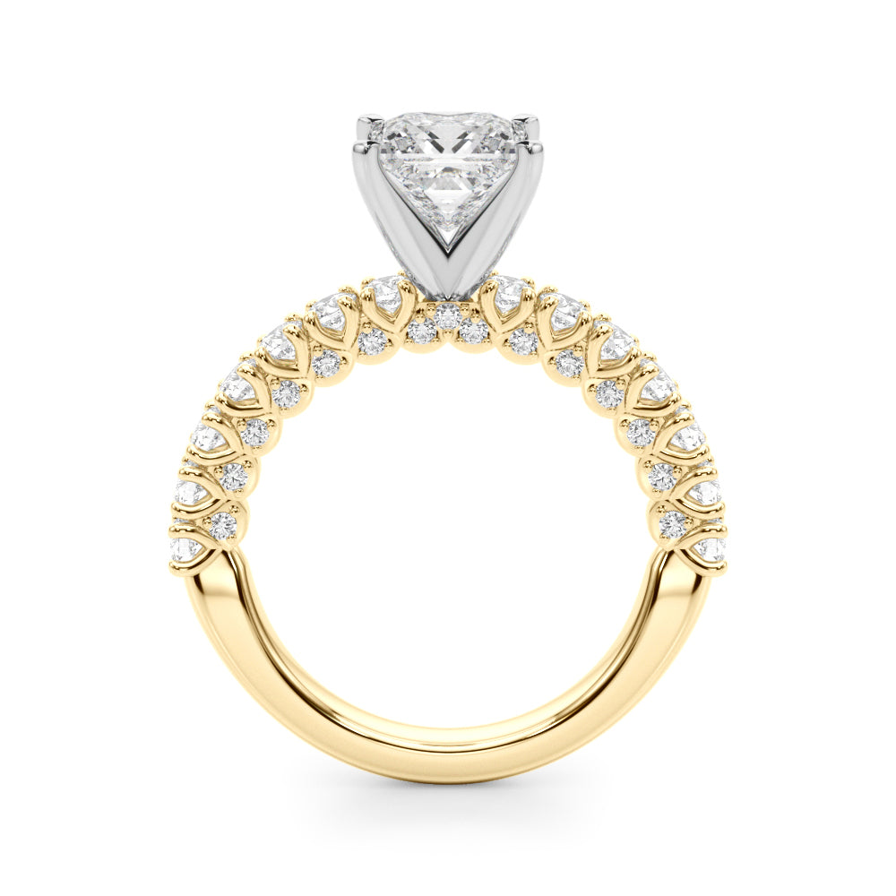 Yellow gold Princess Diamond Pavé Band Solitaire Ring with Four-Prong Setting