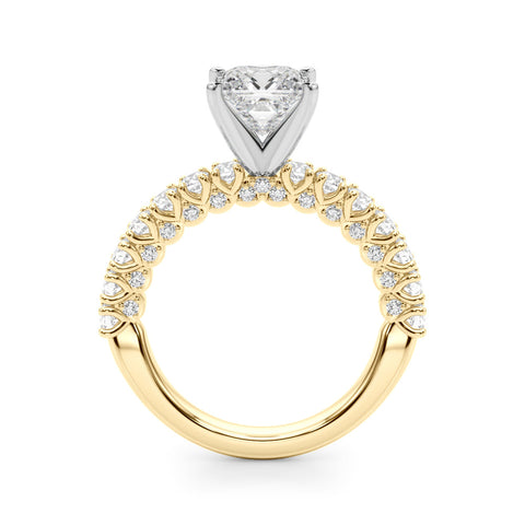 Yellow gold Princess Diamond Pavé Band Solitaire Ring with Four-Prong Setting
