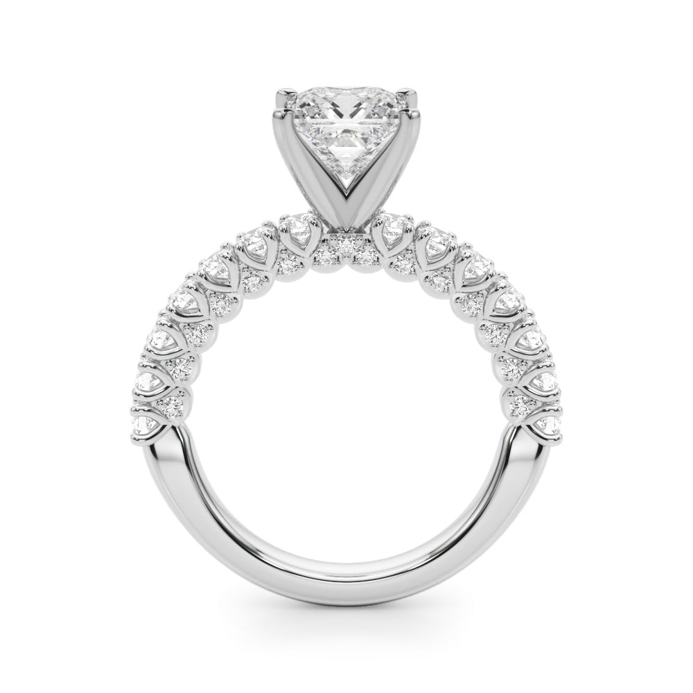 White gold Princess Diamond Pavé Band Solitaire Ring with Four-Prong Setting