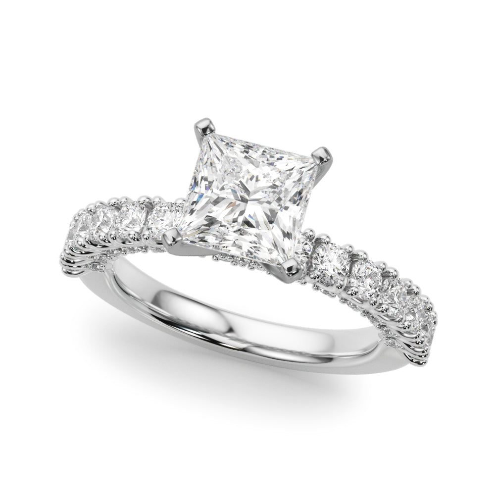 White gold Heart Diamond Pavé Band Solitaire Ring with Four-Prong Setting