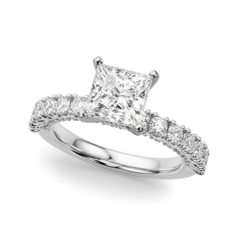 Silver Heart Diamond Pavé Band Solitaire Ring with Four-Prong Setting