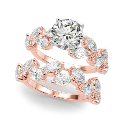 Rose gold Round Brilliant Diamond Solitaire with Marquise and Pear Accent Stones on a Split Shank Band with Four-Prong Setting