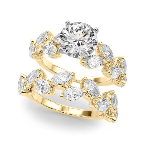 Yellow gold Round Brilliant Diamond Solitaire with Marquise and Pear Accent Stones on a Split Shank Band with Four-Prong Setting