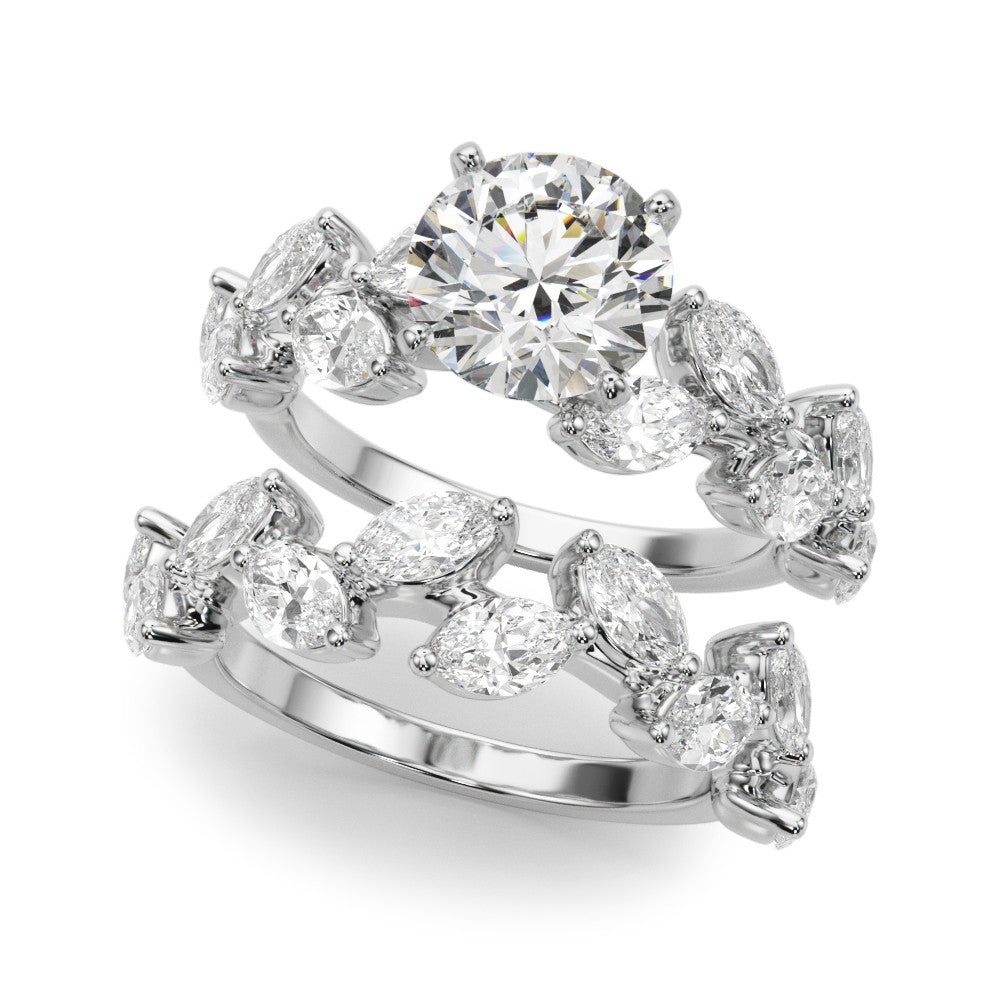Platinum Round Brilliant Diamond Solitaire with Marquise and Pear Accent Stones on a Split Shank Band with Four-Prong Setting