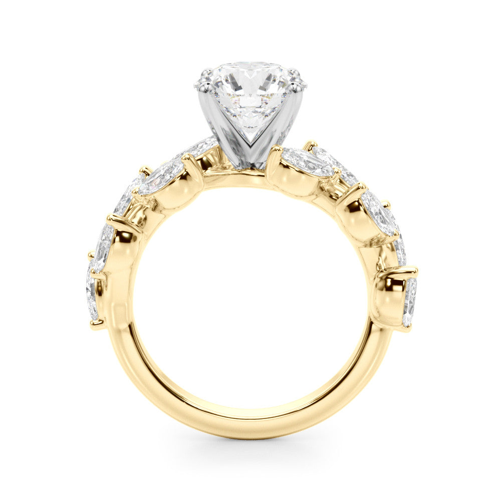 Yellow gold Round Brilliant Diamond Solitaire with Marquise and Pear Accent Stones on a Split Shank Band with Four-Prong Setting
