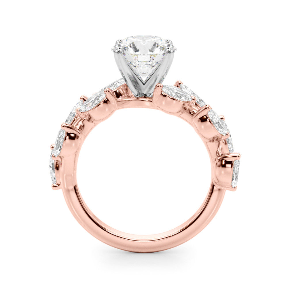 Rose gold Round Brilliant Diamond Solitaire with Marquise and Pear Accent Stones on a Split Shank Band with Four-Prong Setting
