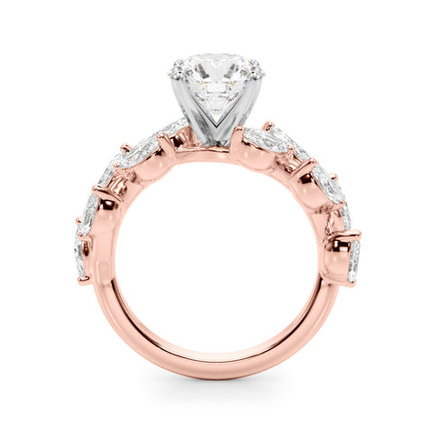 Rose gold Round Brilliant Diamond Solitaire with Marquise and Pear Accent Stones on a Split Shank Band with Four-Prong Setting