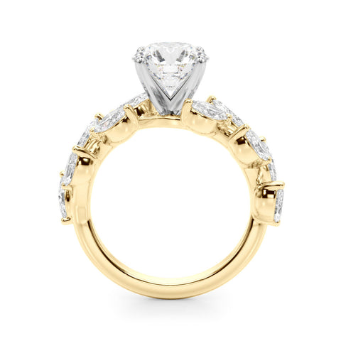 Yellow gold Round Brilliant Diamond Solitaire with Marquise and Pear Accent Stones on a Split Shank Band with Four-Prong Setting