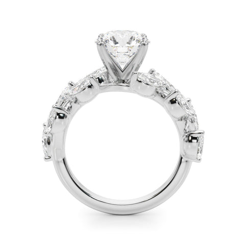 Platinum Round Brilliant Diamond Solitaire with Marquise and Pear Accent Stones on a Split Shank Band with Four-Prong Setting
